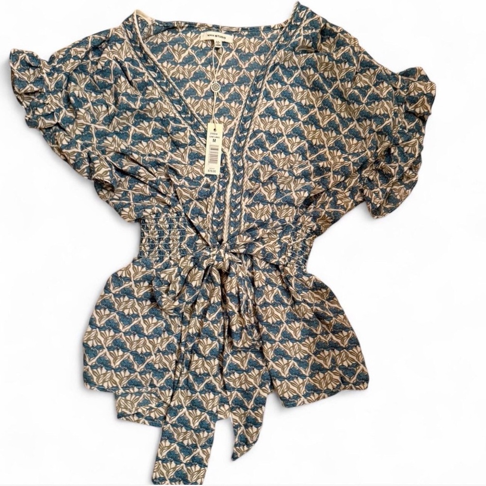 Max Studio Blue and Cream Patterned Blouse NWT